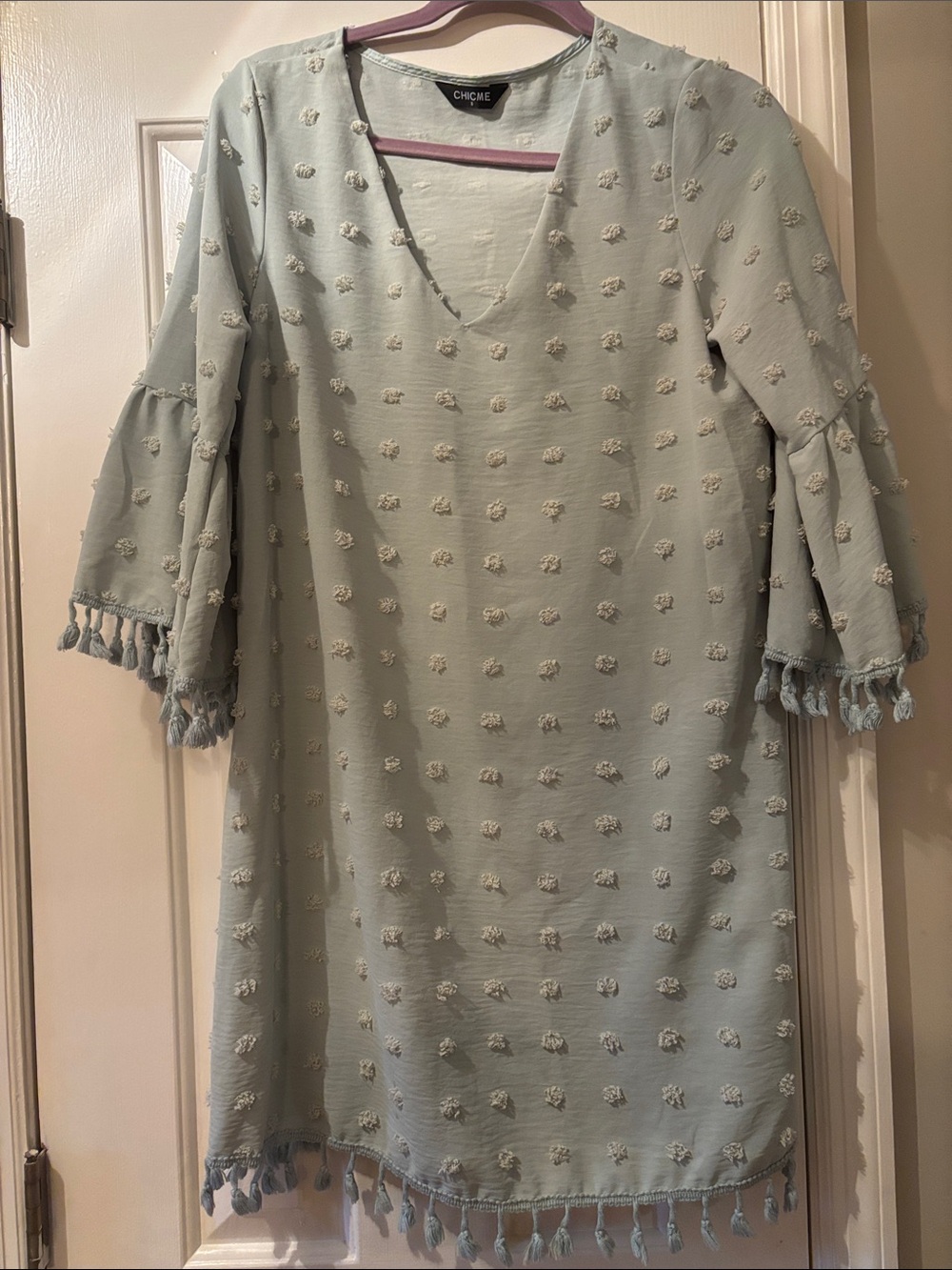 chic Sage Green Tassel-Trim Mini Dress